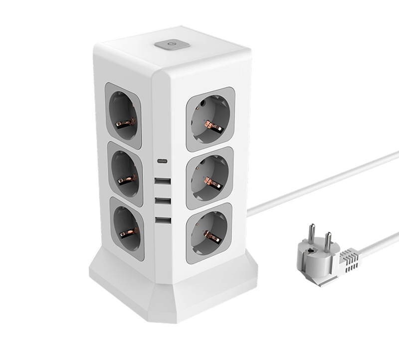 Jalur Kuasa Berbilang Fungsi Berwayar E11 dengan 12 Outlet Gaya Eropah, 3 Port USB-A dan 1 Port USB-C, dengan Suis