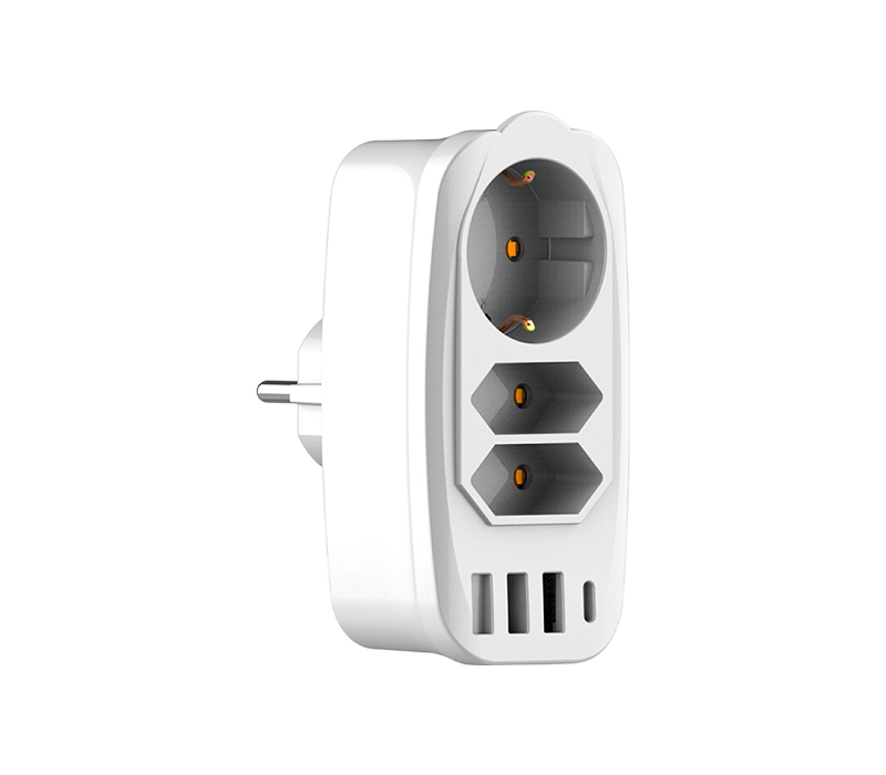 E06 Jalur kuasa berbilang fungsi pemalam yang menampilkan 2 soket Jenis C Eropah, 1 soket Jenis F Eropah, 3 port USB-A dan 1 port USB-C