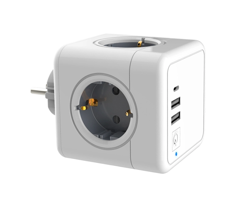 Jalur Kuasa Kiub Pemalam E02C dengan 4 Outlet Gaya Euro, 2 Port USB-A dan 1 port USB-C