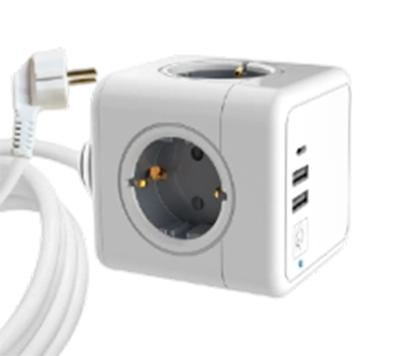 Jalur Kuasa Kiub Berwayar E04C dengan 4 Outlet Gaya Eropah, 2 Port USB-A dan 1 Port USB-C