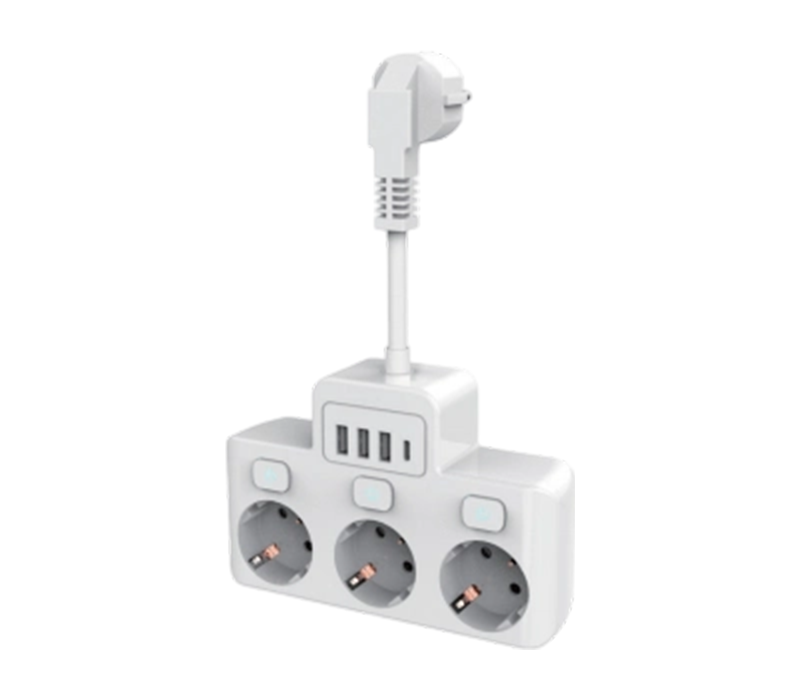 Jalur Kuasa Berwayar E14 dengan 3 Outlet Gaya Eropah, 3 Port USB-A dan 1 Port USB-C, Dengan Suis Bebas