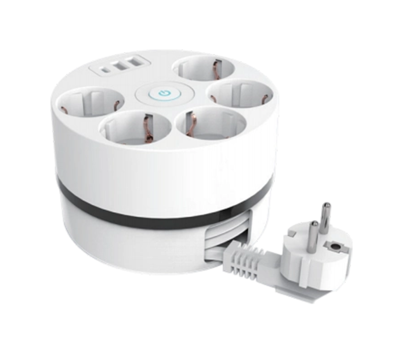 Jalur Kuasa Gelendong Kabel E18 dengan Kord Boleh Tarik, 5 Outlet Gaya Eropah, 2 Port USB-A, Dan 1 Port USB-C, Suis Termasuk
