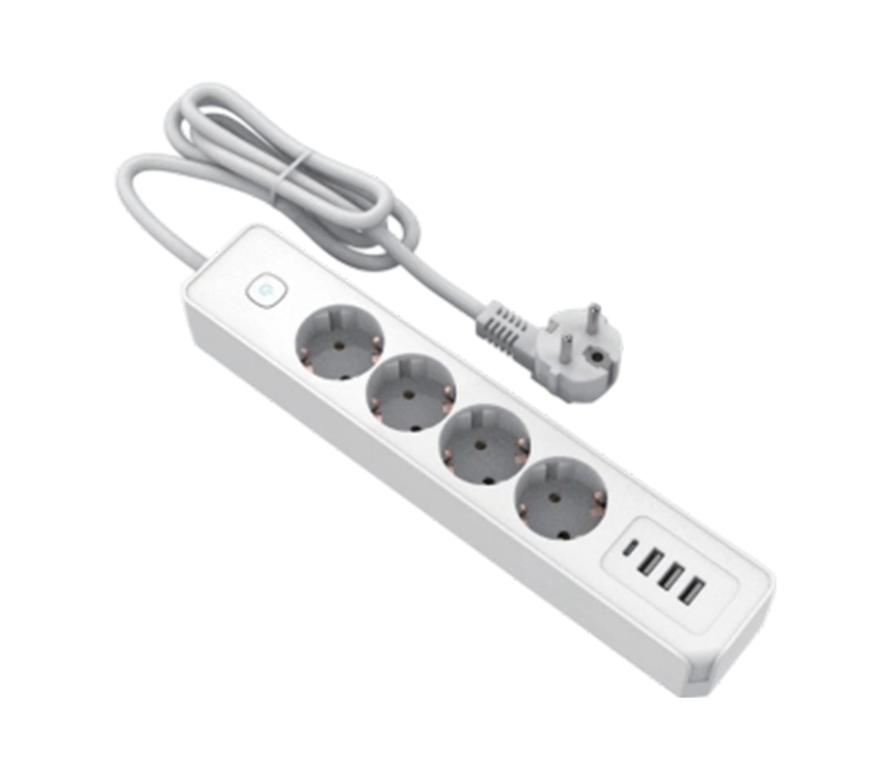 Jalur Kuasa E21-4 Gaya Eropah dengan 4 Cawangan, 3 Port USB-A dan 1 Port USB-C, Termasuk Suis