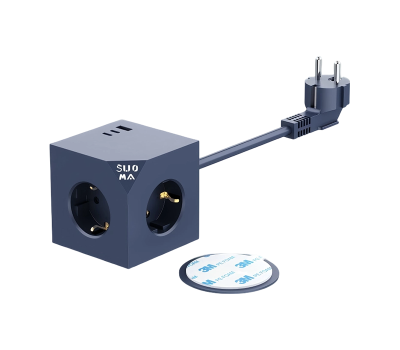 Jalur Kuasa Kiub Berwayar E25 dengan 3 Outlet Gaya Eropah, 1 Port USB-A dan 2 Port USB-C, Dengan Pelekat Pelekat 3m