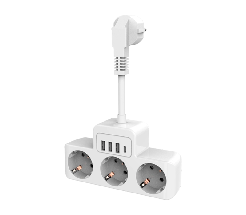 Jalur Kuasa Berwayar E13 dengan 3 Outlet Gaya Eropah, 3 Port USB-A dan 1 Port USB-C