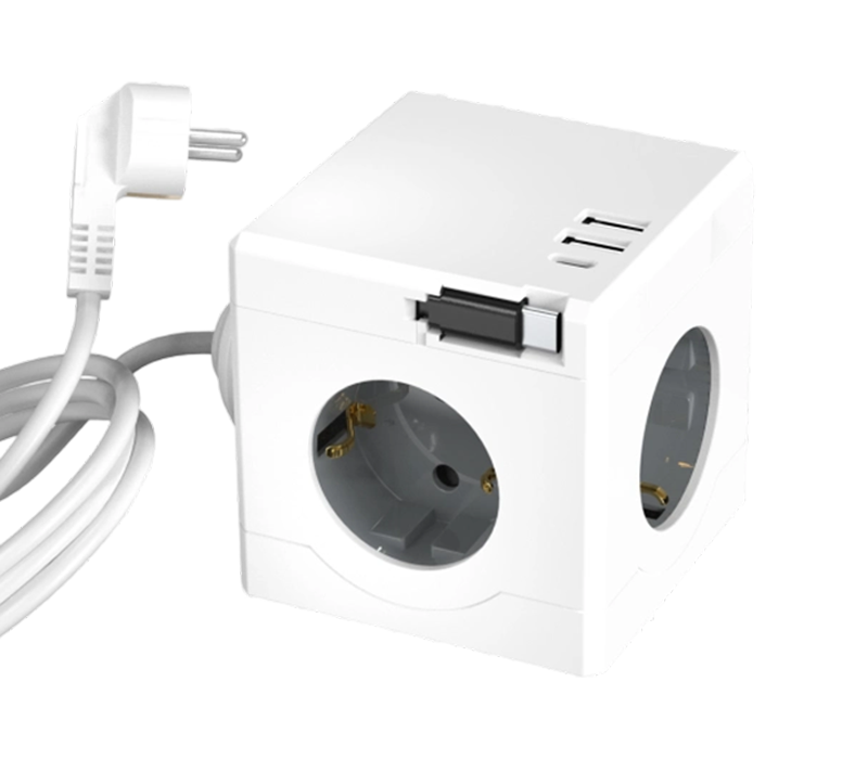 Jalur Kuasa Kiub Berwayar E16-D dengan 3 Outlet Gaya Eropah, 2 Port USB-A dan 1 Port USB-C, Menampilkan Kabel Pengecasan Boleh Tarik
