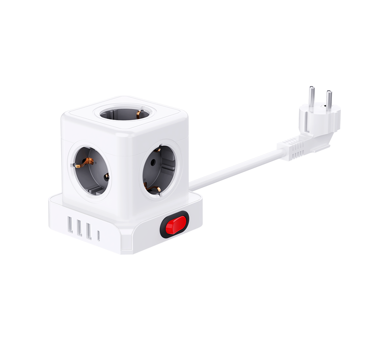 Jalur Kuasa Kiub Berwayar E23 Dengan 5 Outlet Gaya Eropah, 3 Port USB-A dan 1 Port USB-C, Dengan Suis